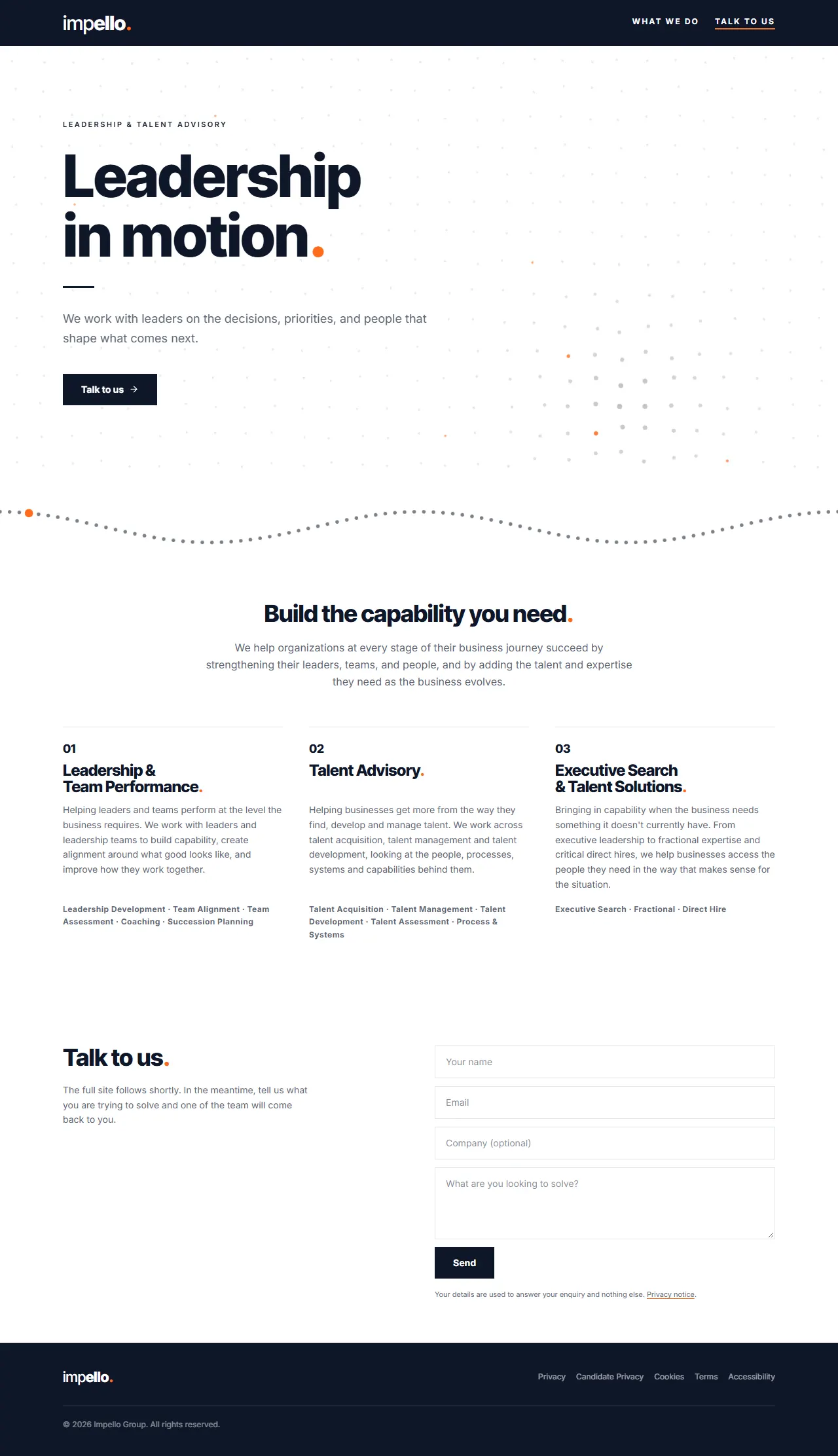 The impellogroup.com welcome page, top to bottom